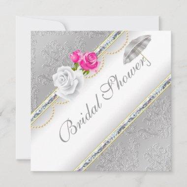 Elegant Silver Damask and Pink Rose Bridal Shower Invitations