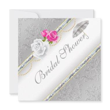 Elegant Silver Damask and Pink Rose Bridal Shower Invitations