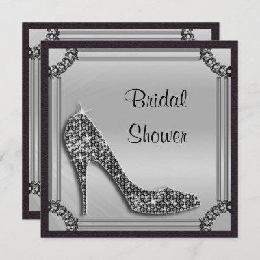 Elegant Silver Framed Black Stiletto Bridal Shower Invitations