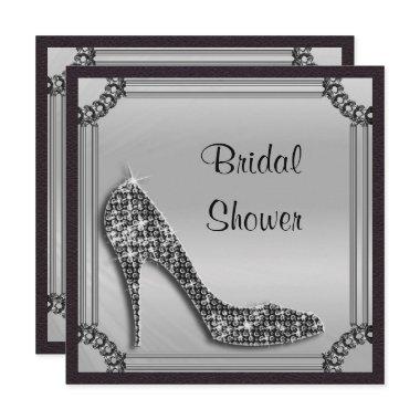 Elegant Silver Framed Black Stiletto Bridal Shower Invitations