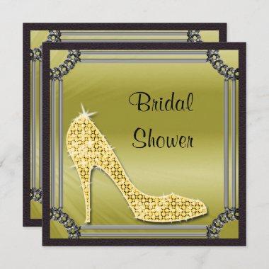 Elegant Silver Framed Gold Stiletto Bridal Shower Invitations