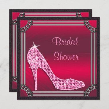 Elegant Silver Framed Pink Stiletto Bridal Shower Invitations