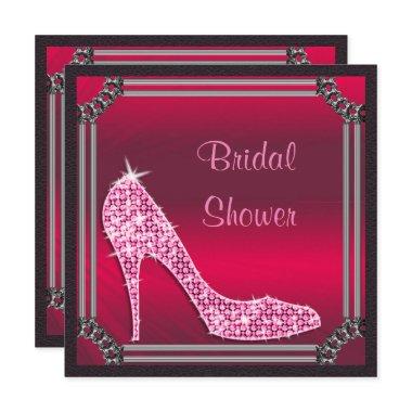 Elegant Silver Framed Pink Stiletto Bridal Shower Invitations