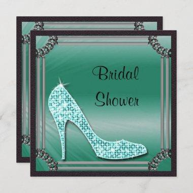 Elegant Silver Framed Teal Stiletto Bridal Shower Invitations