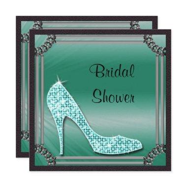 Elegant Silver Framed Teal Stiletto Bridal Shower Invitations