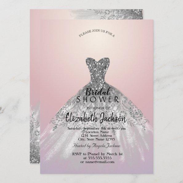 Elegant Silver Glitter Dress,Pink Bridal Shower Invitations