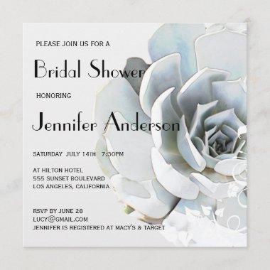 Elegant Silver Gray Blue Succulent Bridal Shower Invitations
