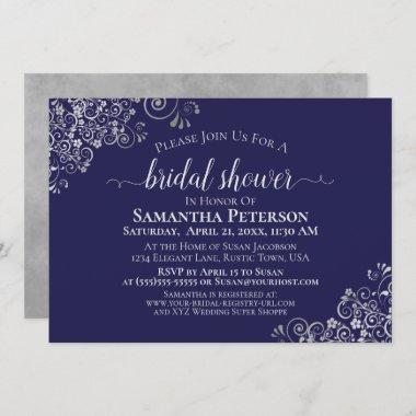 Elegant Silver Lace on Navy Blue Bridal Shower Invitations