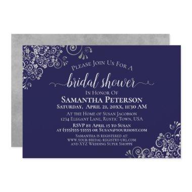 Elegant Silver Lace on Navy Blue Bridal Shower Invitations