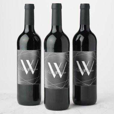 Elegant Silver Metallic Monogram Geometric Name Wine Label