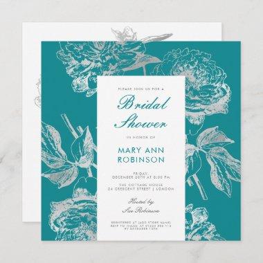 Elegant Silver Teal Bridal Shower Party Floral Invitations