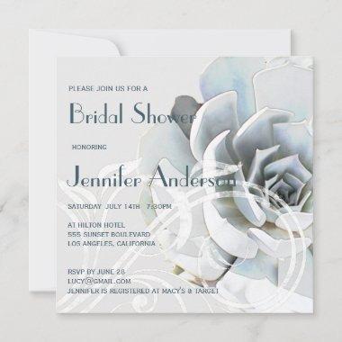 Elegant Silver Teal Succulent Bridal Shower Invitations