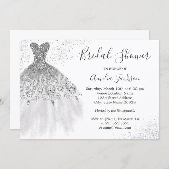 Elegant Silver White Wedding Gown Bridal Shower Invitations