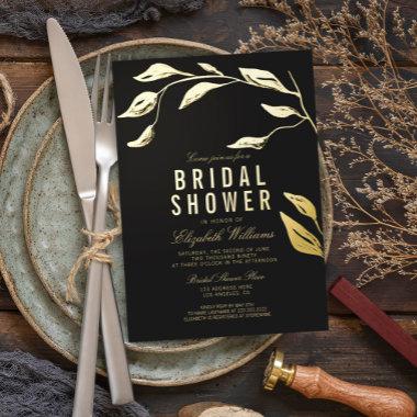 Elegant Simple Branch Black Bridal Shower Gold Foil Invitations