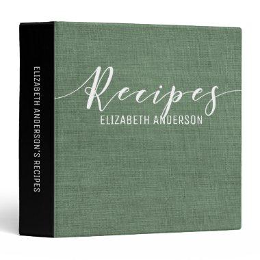 Elegant Simple Forest Green Linen Recipe Cookbook 3 Ring Binder
