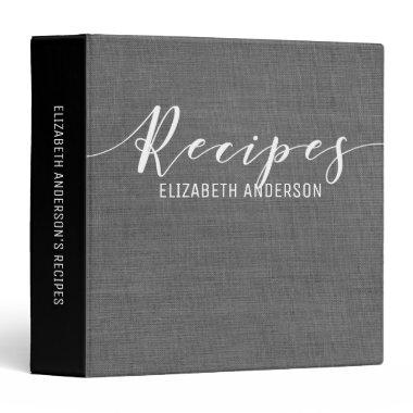 Elegant Simple Grey Linen Recipe Cookbook 3 Ring Binder
