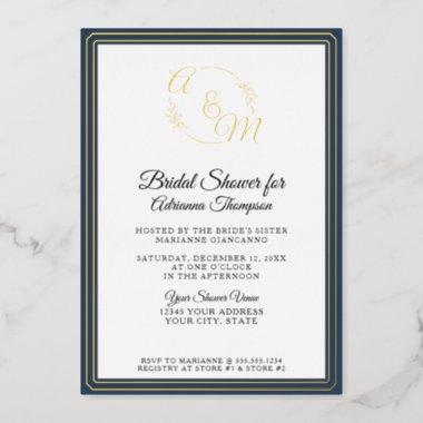Elegant Simple Monogram Green Gold Bridal Shower Foil Invitations