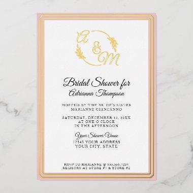 Elegant Simple Monogram Pink Gold Bridal Shower Foil Invitations