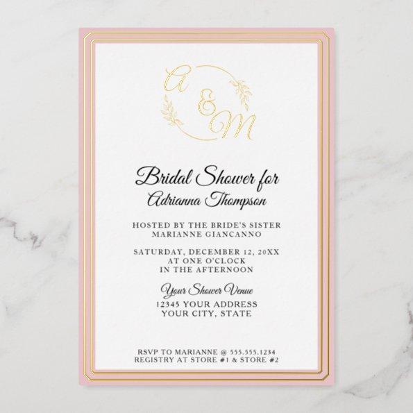 Elegant Simple Monogram Pink Gold Bridal Shower Foil Invitations