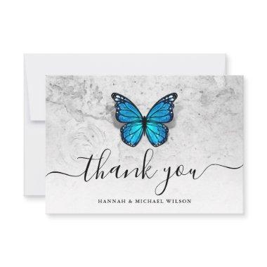 Elegant Simple Script Blue Butterfly Thank You