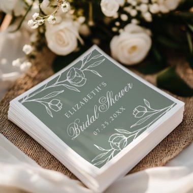 Elegant Sketched Floral Sage Green  Napkins