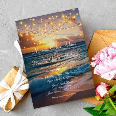 Elegant String Lights Summer Sunset Beach Wedding Invitations