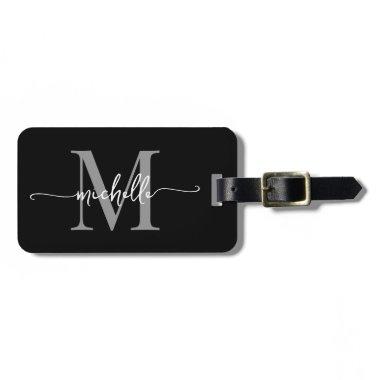 Elegant Stylish Black Gray Monogram Initial Script Luggage Tag