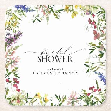 Elegant Summer Wildflower Watercolor Bridal Shower Square Paper Coaster