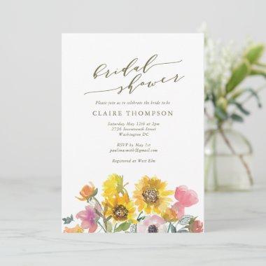 Elegant Sunflower Watercolor Script Bridal Shower Invitations