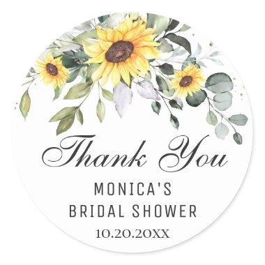 Elegant Sunflowers Eucalyptus Bridal Shower Classic Round Sticker