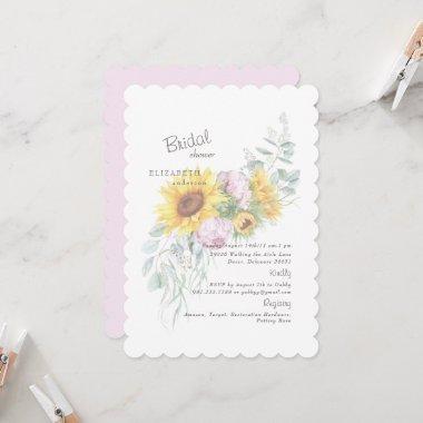 Elegant Sunflowers & Pink Peony Bridal Scalloped I Invitations