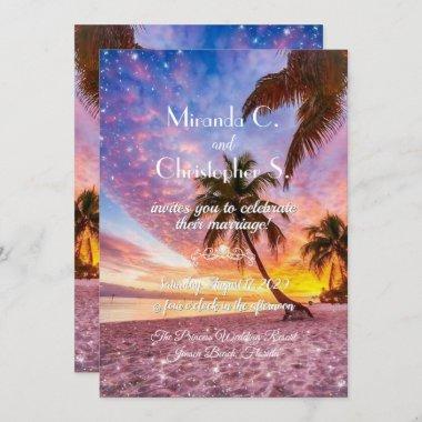 Elegant Sunset Beach and Stars Summer Wedding Invitations