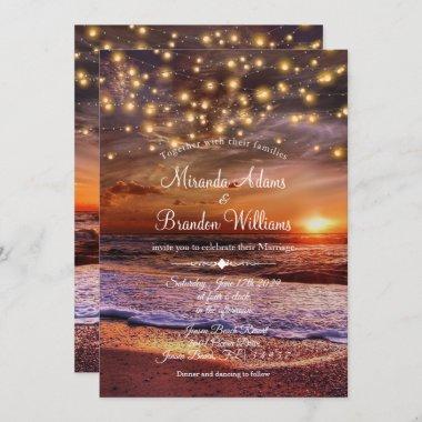 Elegant Sunset Beach String Lights Summer Wedding Invitations
