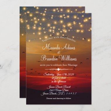 Elegant Sunset Beach String Lights Summer Wedding Invitations