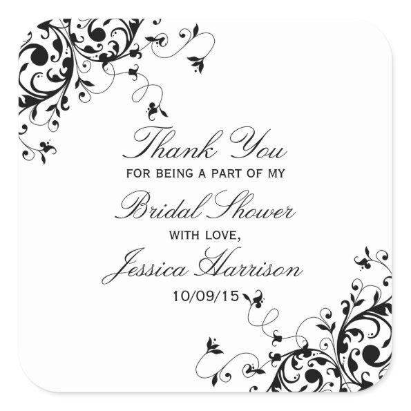 Elegant Swirls Black & White Bridal Shower Square Sticker