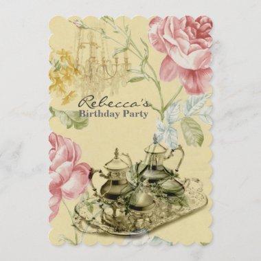 elegant tea cup vintage floral birthday party Invitations