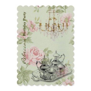 elegant tea cup vintage floral birthday party Invitations