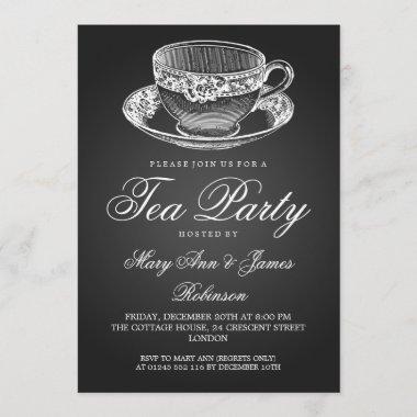 Elegant Tea Party Vintage Tea Cup Black Invitations