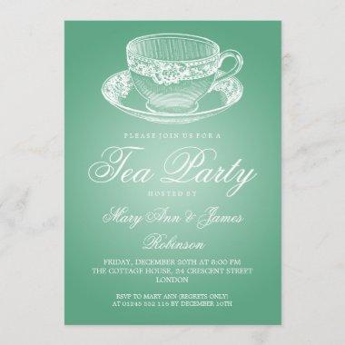 Elegant Tea Party Vintage Tea Cup Mint Invitations