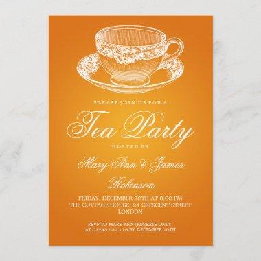 Elegant Tea Party Vintage Tea Cup Orange Invitations
