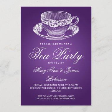 Elegant Tea Party Vintage Tea Cup Purple Invitations