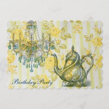 elegant tea pot vintage floral birthday party Invitations
