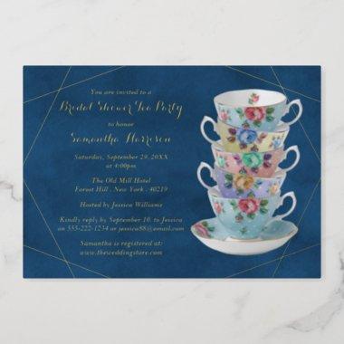 Elegant Teacups Bridal Shower Tea Party Real Foil Invitations
