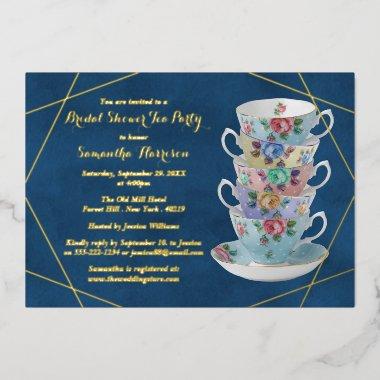 Elegant Teacups Bridal Shower Tea Party Real Foil Invitations