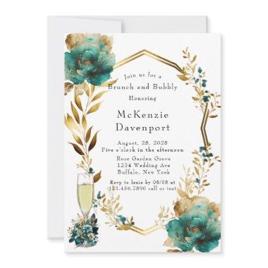 Elegant Teal and Gold Floral Brunch and Bubbly Inv
