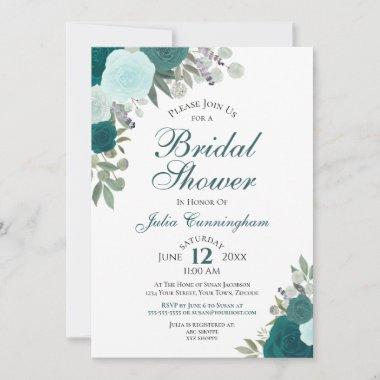 Elegant Teal Aqua Watercolor Floral Bridal Shower Invitations