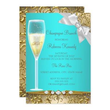 Elegant Teal Blue Gold White Champagne Brunch Invitations