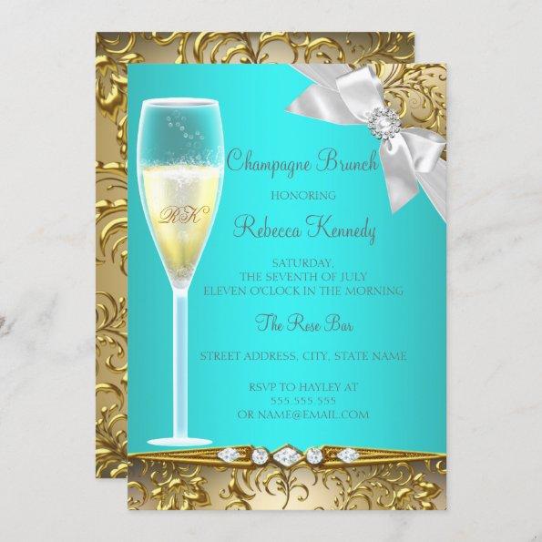Elegant Teal Blue Gold White Champagne Brunch Invitations