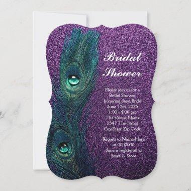 Elegant Teal Blue Purple Peacock Bridal Shower Invitations