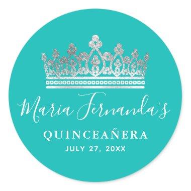 Elegant Teal Blue Silver Crown Quinceanera Name Classic Round Sticker